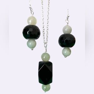 Silver plated Black Crystal and Green Jade Beaded Jewelry Set